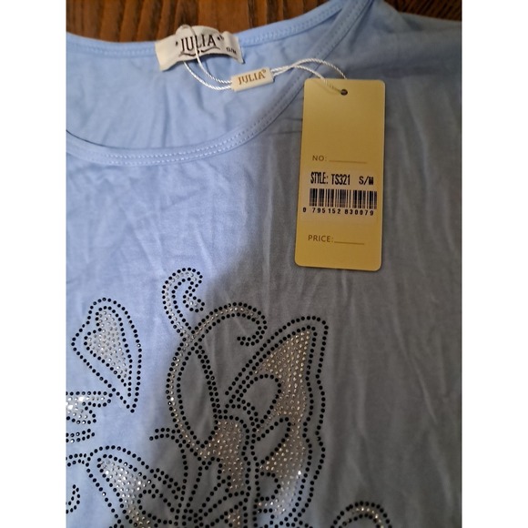JULIA S/M Teeshirt Butterfly Baby Blue Short Sleeve - Picture 2 of 4